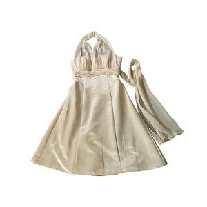 Davids Bridal Dress 40" Long Ivory Halter Neck Satin Gown Ties at Waist Size 4